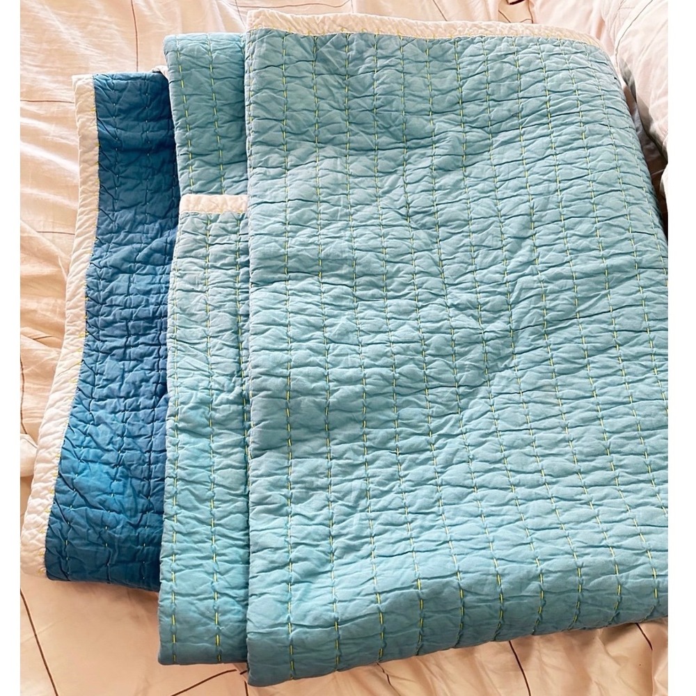 Serena & Lily Cambria Quilt Blue Turquoise Aqua Cotton Hand Stitched Reversible